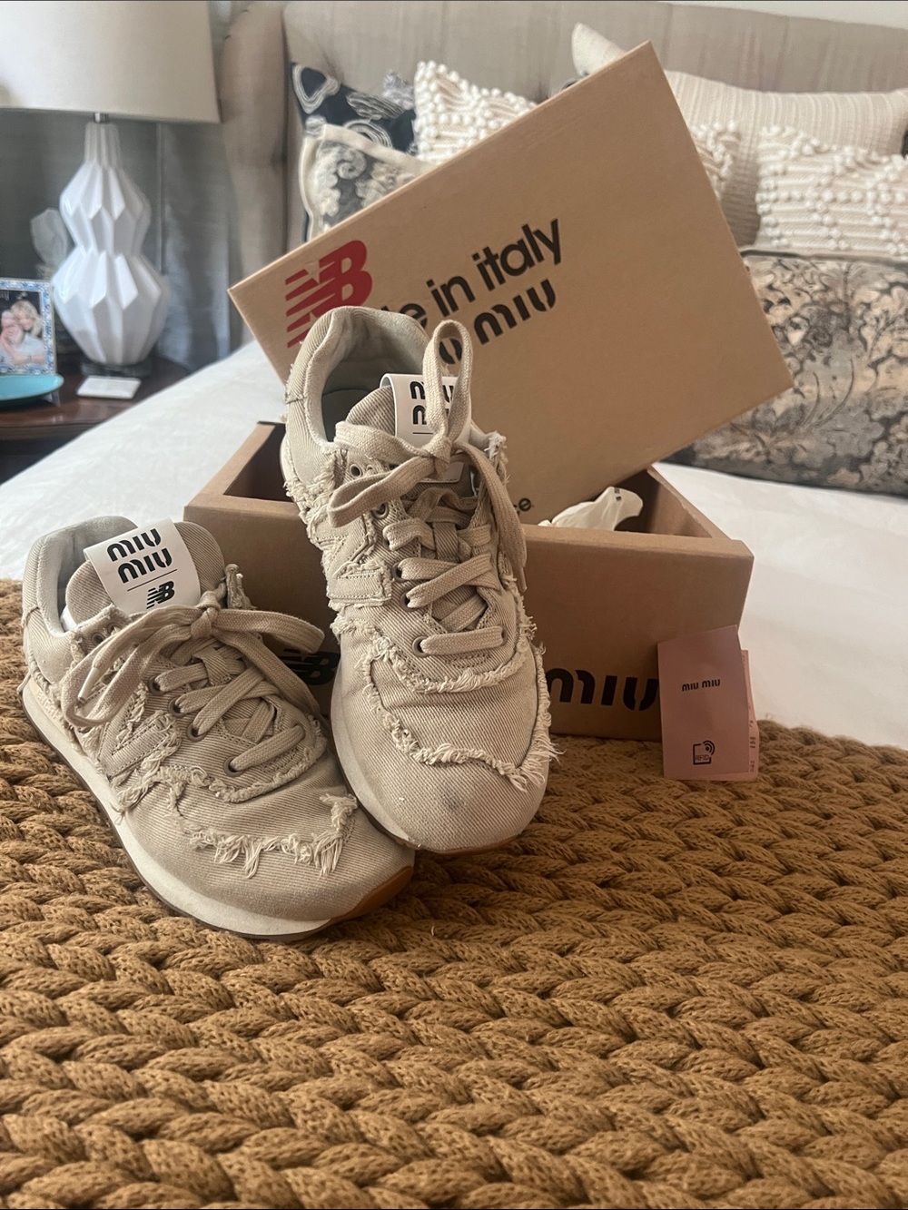 Miu Miu New Balance Collab women Beige Frayed Canvas Sneakers with White Logo.